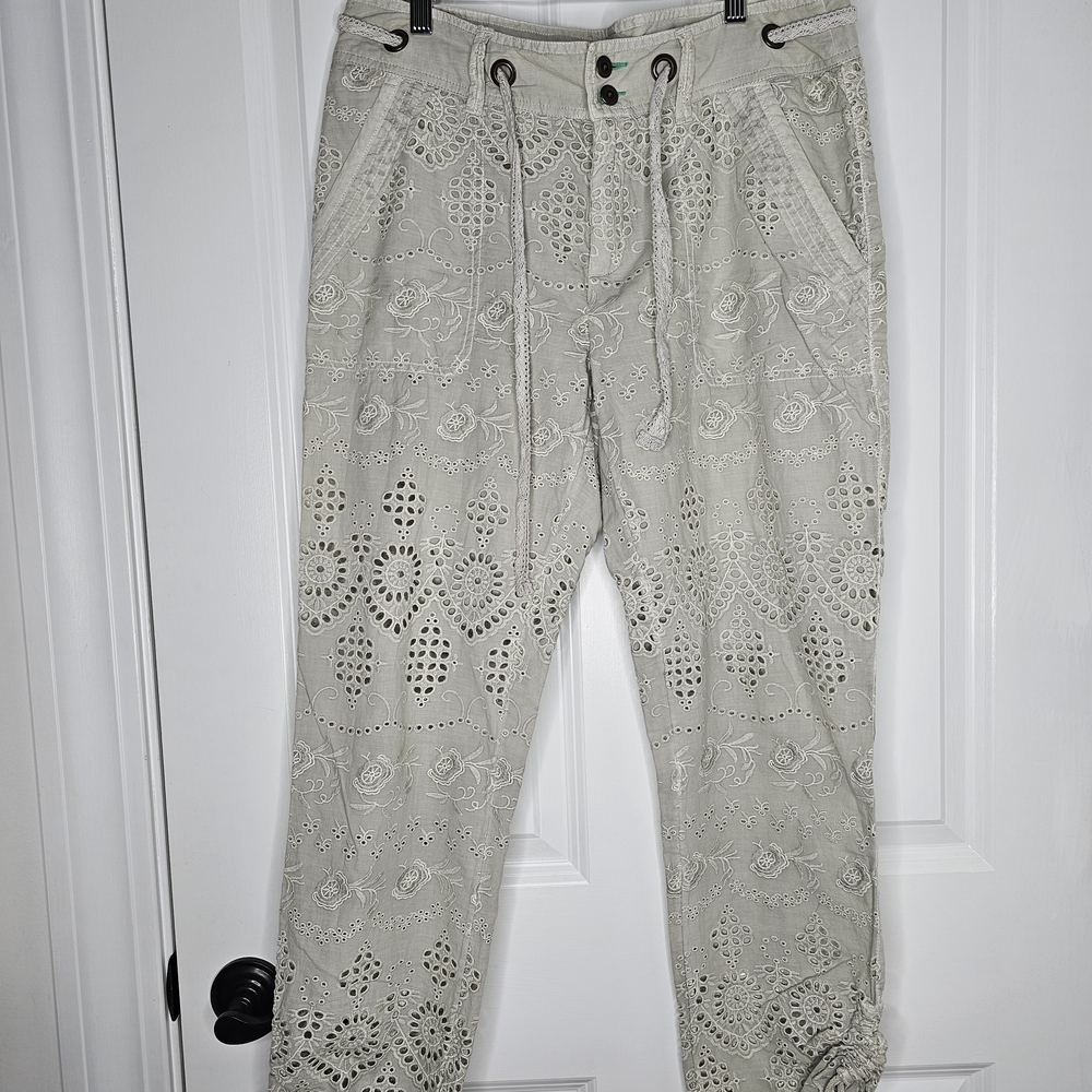 Sundance Light Gray Eyelet drawstring Cotton Pants, cinching string cuffs